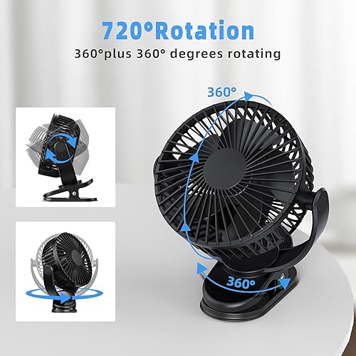 Miniatura 3 de ATEngeus Ventilador de escritorio recargable con clip USB, 3 velocidades, batería de 5000mAh, rotación de 720, abrazadera resistente para el hogar,