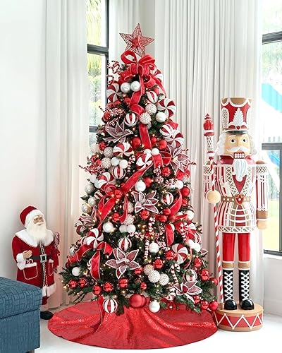 Miniatura 2 de Falda de árbol de Navidad de 48 pulgadas, falda de árbol de lentejuelas con purpurina para fiesta de invierno, decoraciones de Navidad rojas