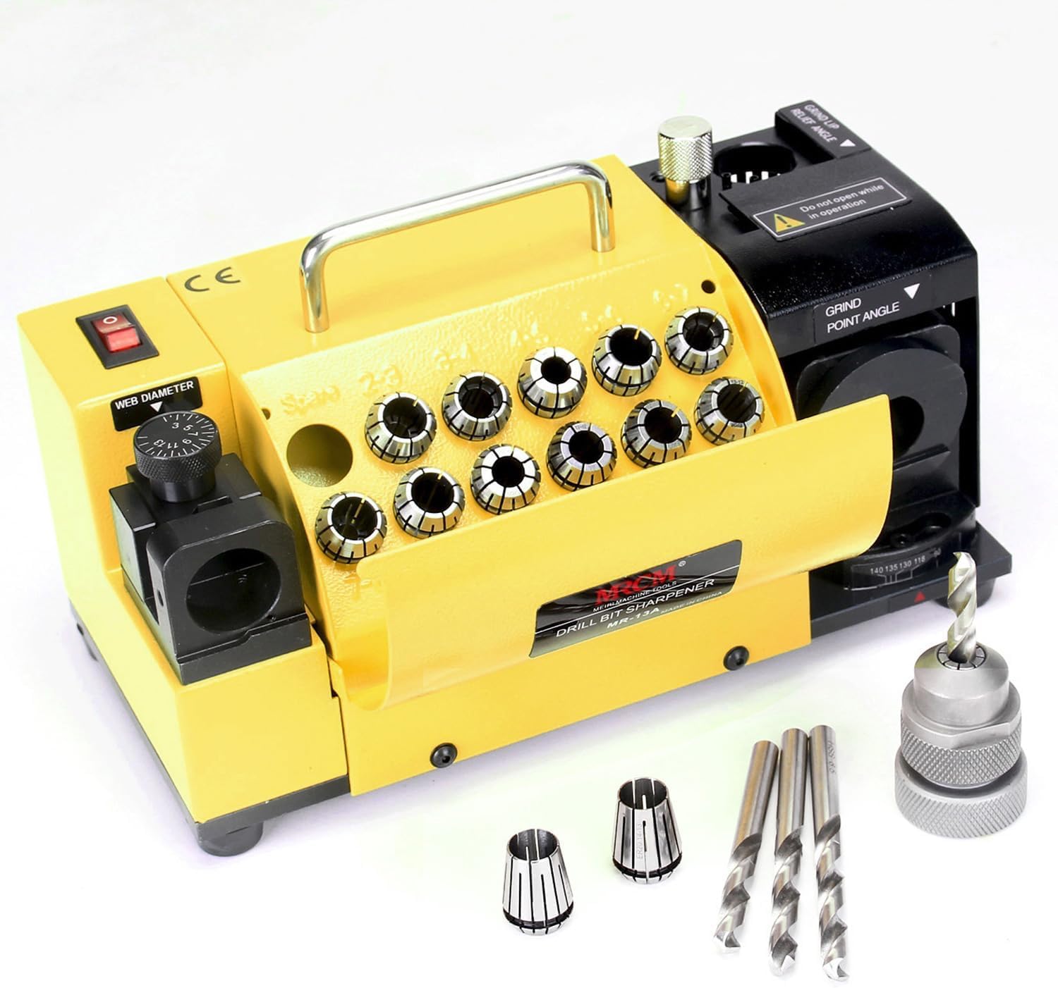 MRCM Drill Bits Sharpener,1/8"-9/16"（3mm -15mm） Drill bit Grinding Machine MR-13A, 95° to 135° Point Angle Re-Sharpener, Portable Bits Sharpening Machine with 13 Collets，All-Metal Housing