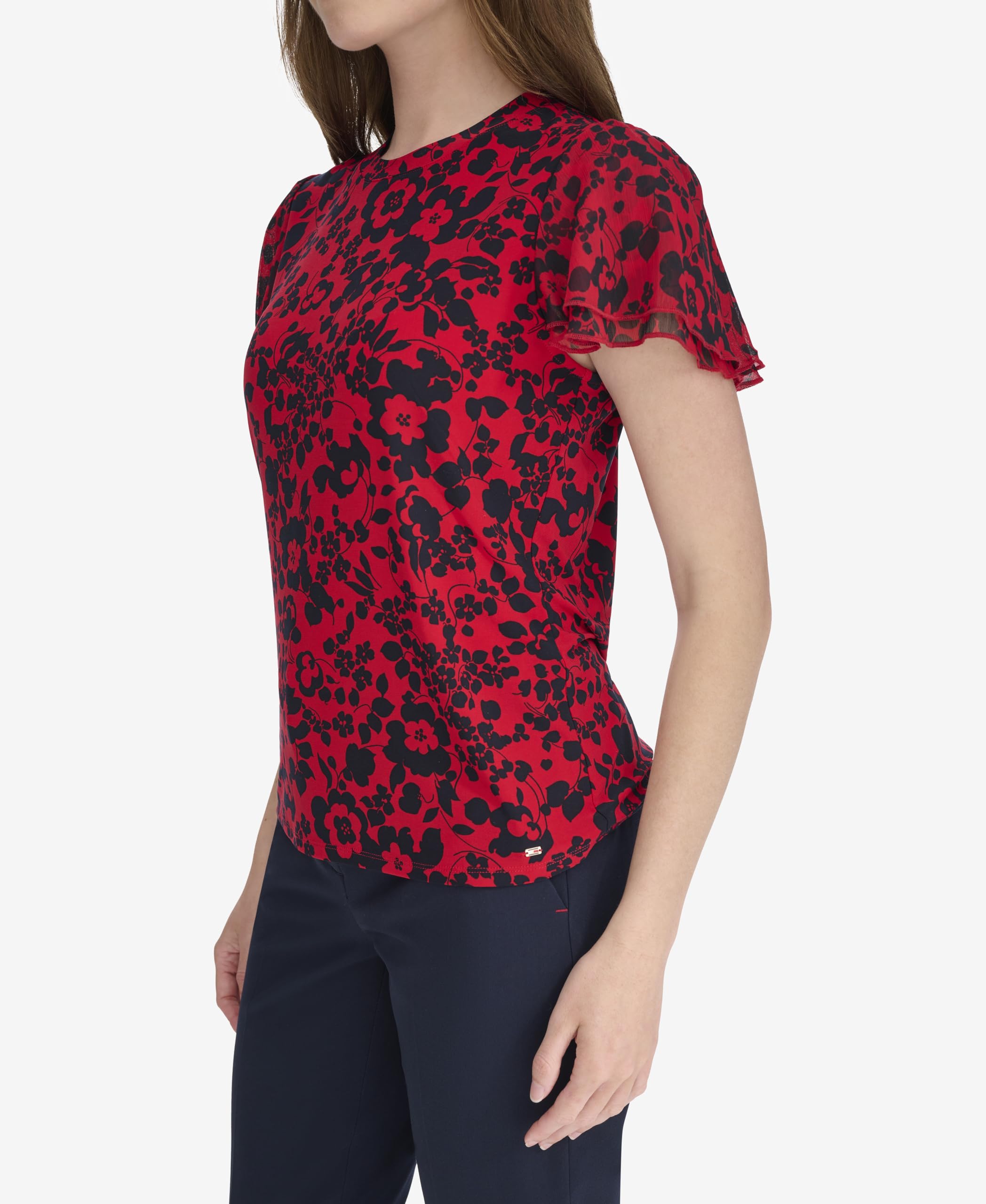 Tommy Hilfiger Damen Flutter Sleeve Floral Top Oberteil mit Flatterärmeln und Blumenmuster (1er Pack)