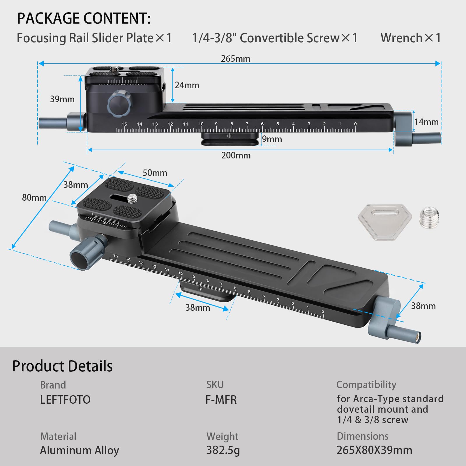 Leftfoto Präziser, stabiler Makro-Fokussierungsschienenschieber, bidirektionale Anpassung für Nahaufnahmen, Makrofotografie mit Arca-Swiss Schwalbenschwanz-Schnellwechselplatte