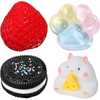 SSKHE Pack of 4 Taba Squishy Set Strawberry + Hamster + Cat Paw + Hamster Fufu Squishy Toy Squishes Set for Stress Relief Sensory Play Fidget Gifts
