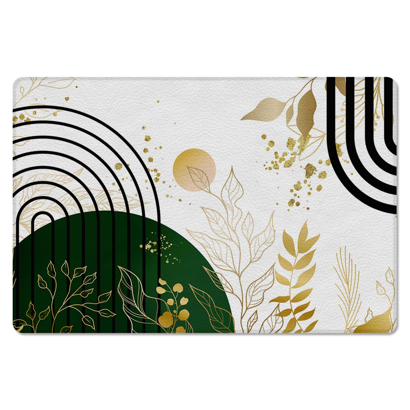 Boho Gold Leaves Kitchen Bath Door Mat Cushioned Runner Rug,Washable Welcome Floor Sink Antifatigue Mat,Waterproof & Non-Slip Comfort Standing Doormat,Luxurious Black White Geometric Stripes 18