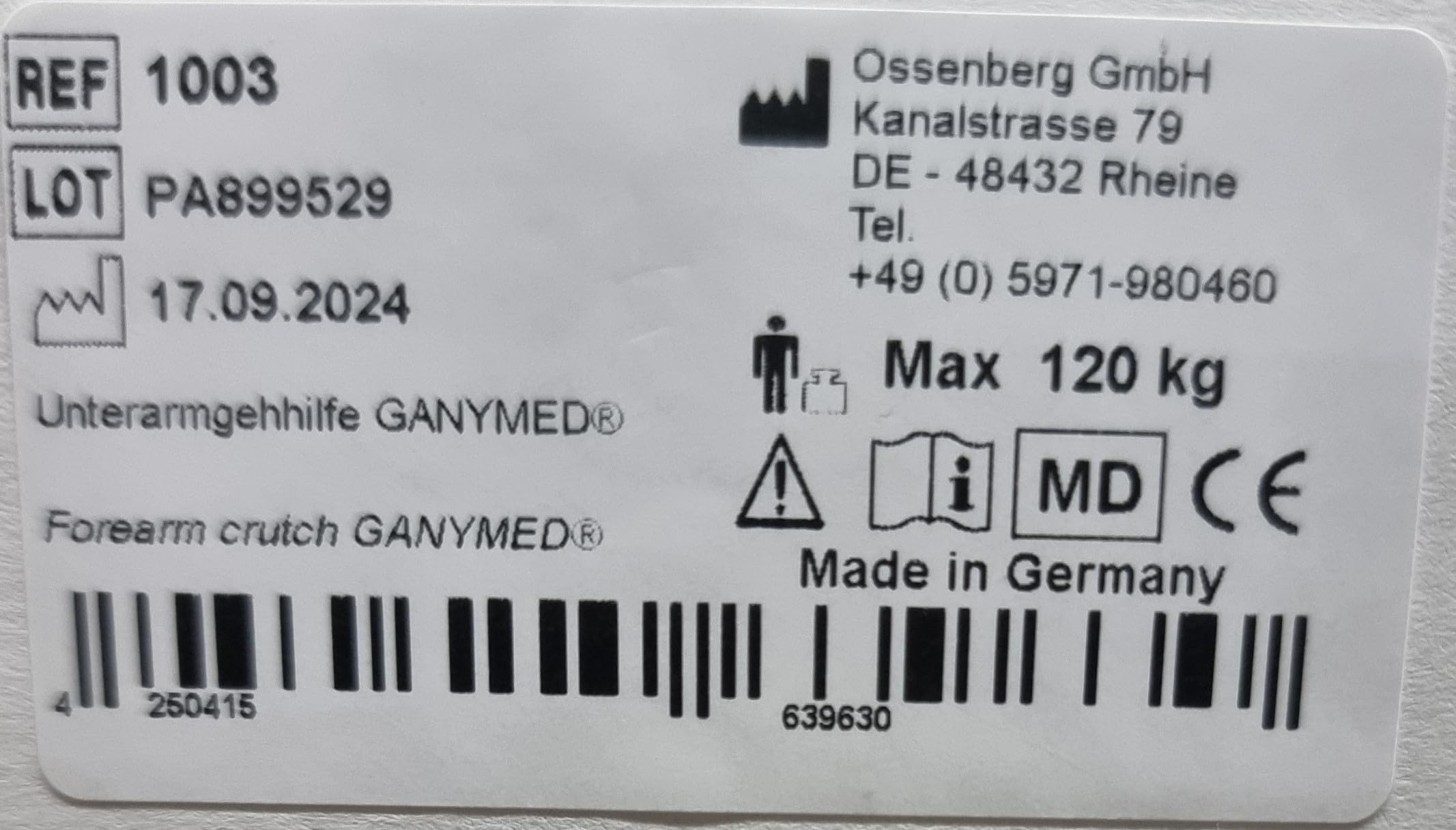 Ossenberg GANYMED - Andador para antebrazo con mango anatómico suave, soporte para antebrazo ajustable de metal ligero, muletas con base de goma, hasta 120 kg, color gris