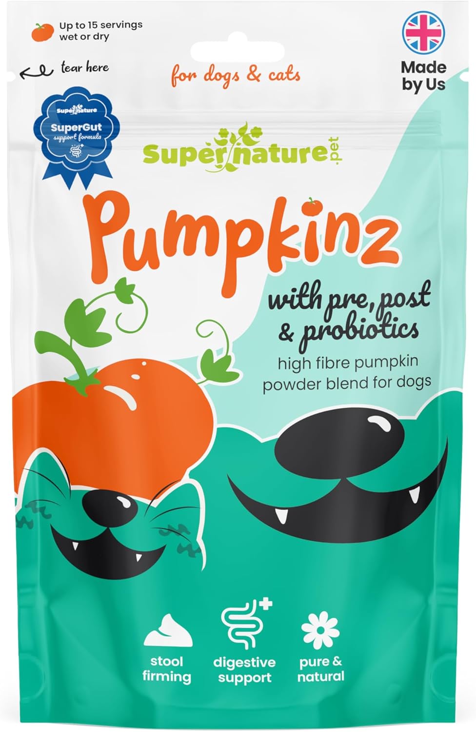 Supernature Pumpkinz Dried Pumpkin Powder with Pre, Post & Probiotics for Dogs & Cats 100g | Natural Digestive Supplement, Stool Firming, High Fibre Dog Food Topper, Alternative to Canned Pumpkin