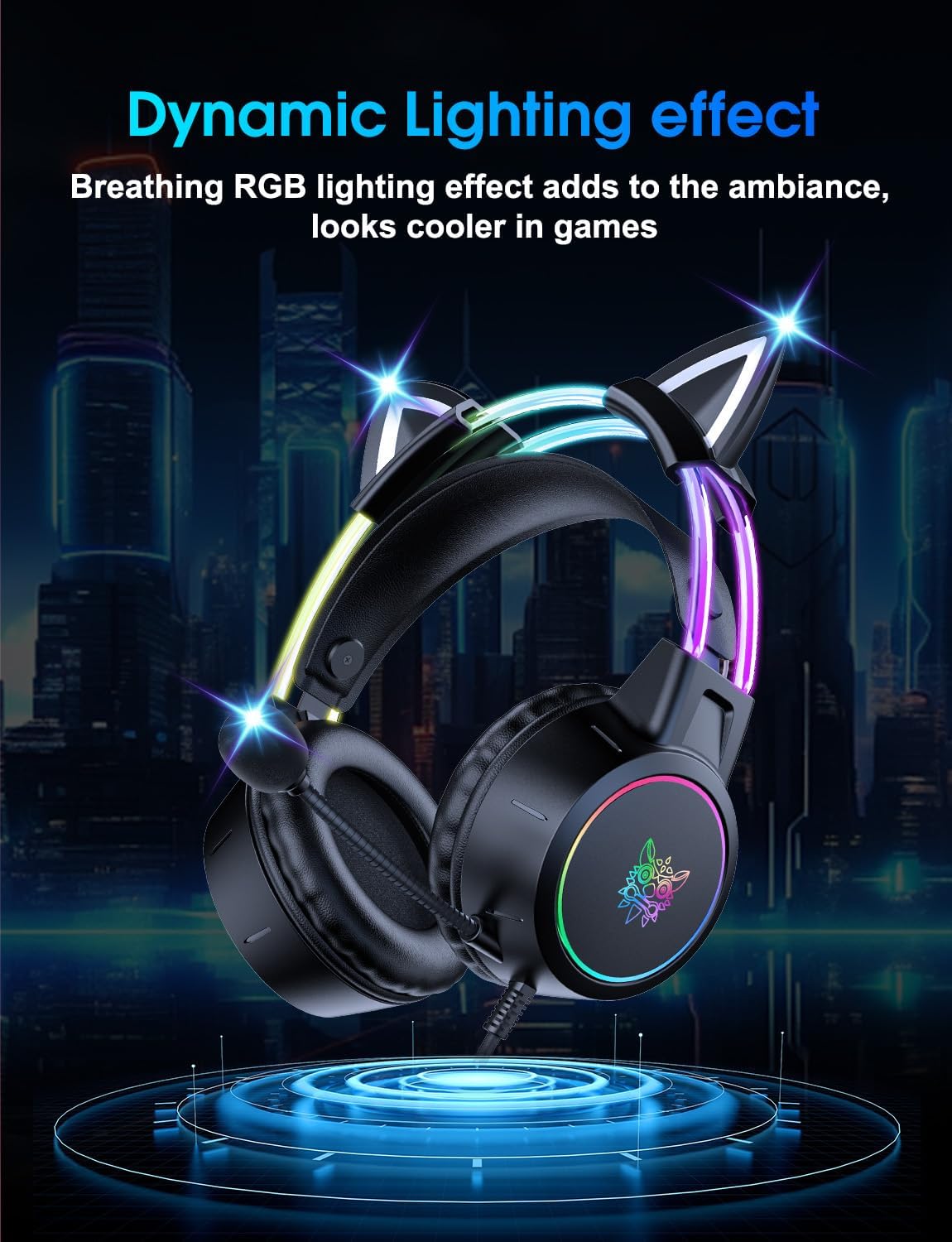 Lightweight Gaming Headset with Detachable Cat Ears, RGB Lighting, Wired Over Ear Headphones with Mic for PC, PS4, PS5, Switch, Stereo Surround Sound, Self-Adjusting Headband
