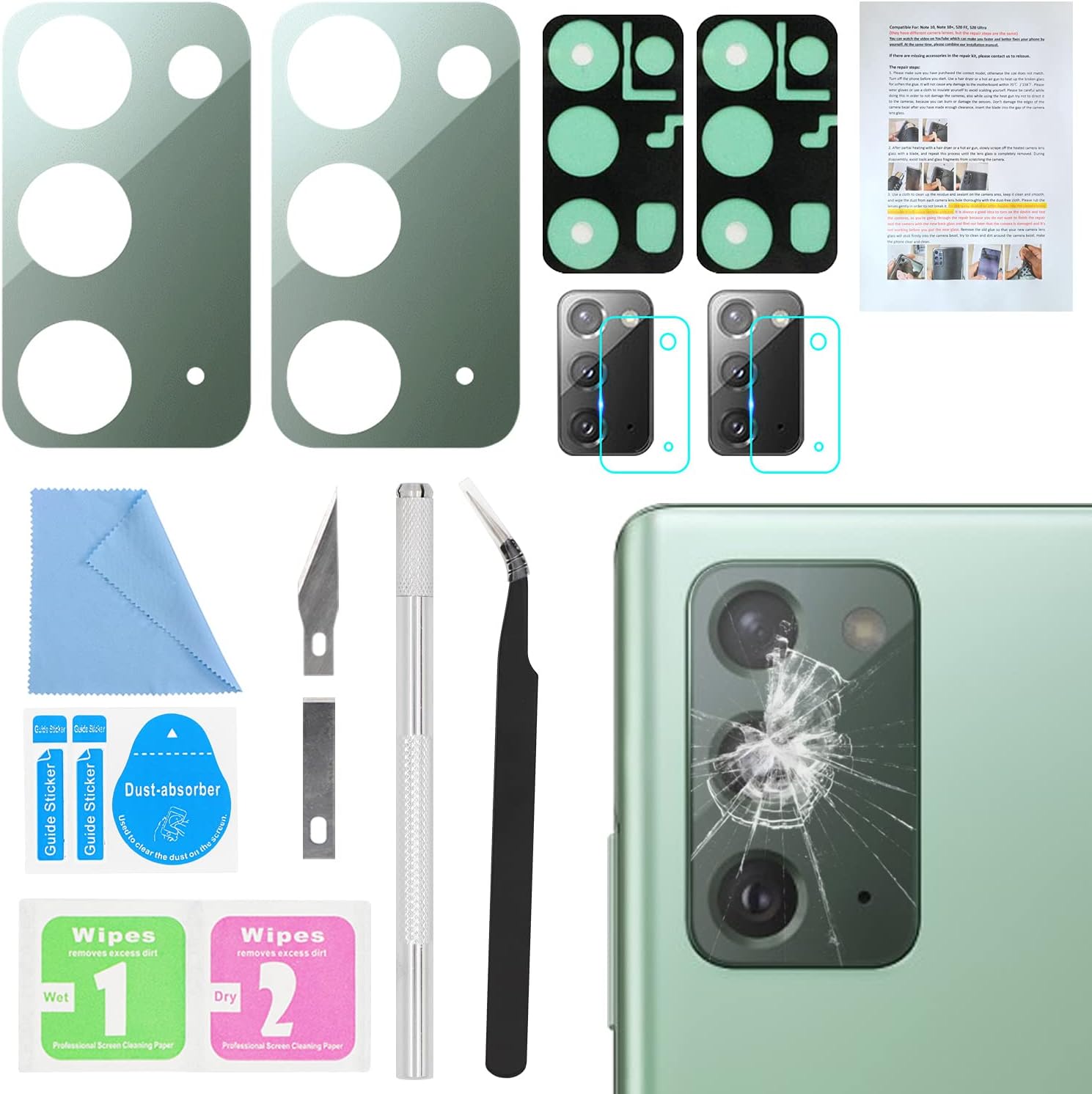 2PCS ASDAWN for Galaxy Note 20 Back Rear Camera Lens Glass Replacement kit Back Lens Glass Samsung Galaxy Note 20 6.7 inches All Carriers with Installation Manual + Repair Tool Set (Bronze)