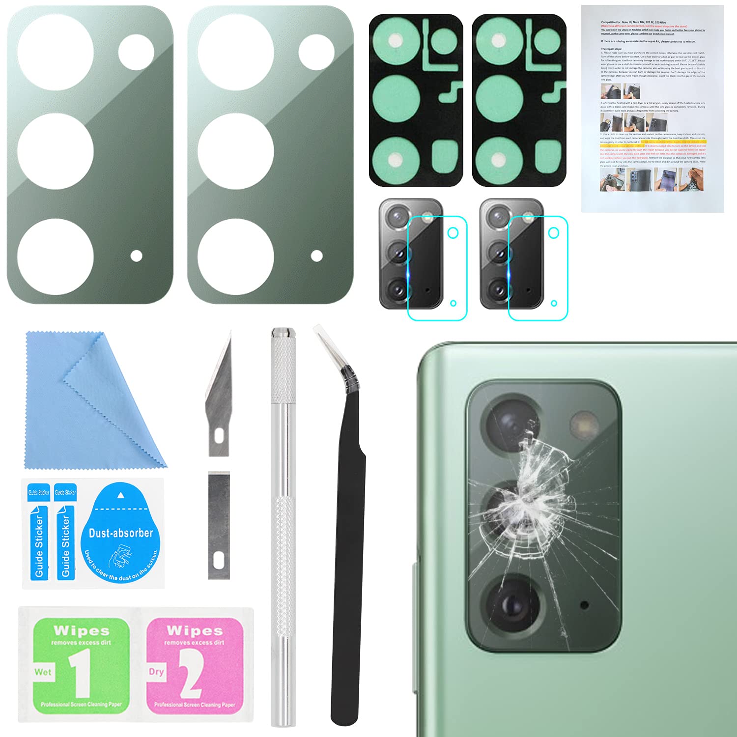 2PCS Galaxy Note 20 Back Rear Camera Lens Glass Replacement for Samsung Galaxy Note 20 6.7 inches All Carriers with Free Lens Film + Installation