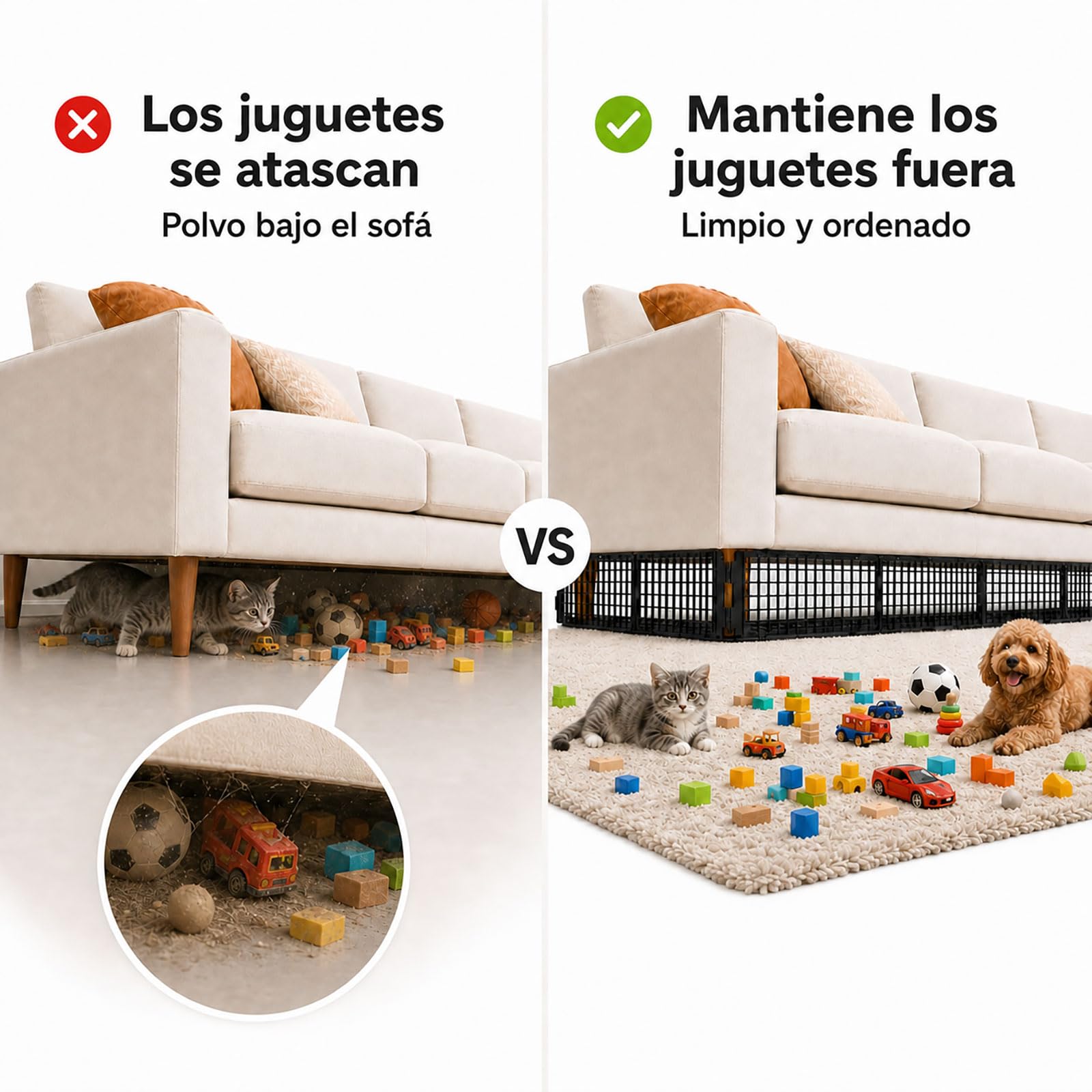 12 Piezas Bloqueador de Juguetes Debajo Sofa para Mascotas, Ajustable Bloqueador Bajo Cama & Sillón, Barrera Plástica Huecos, Protector Muebles con 20 Bridas