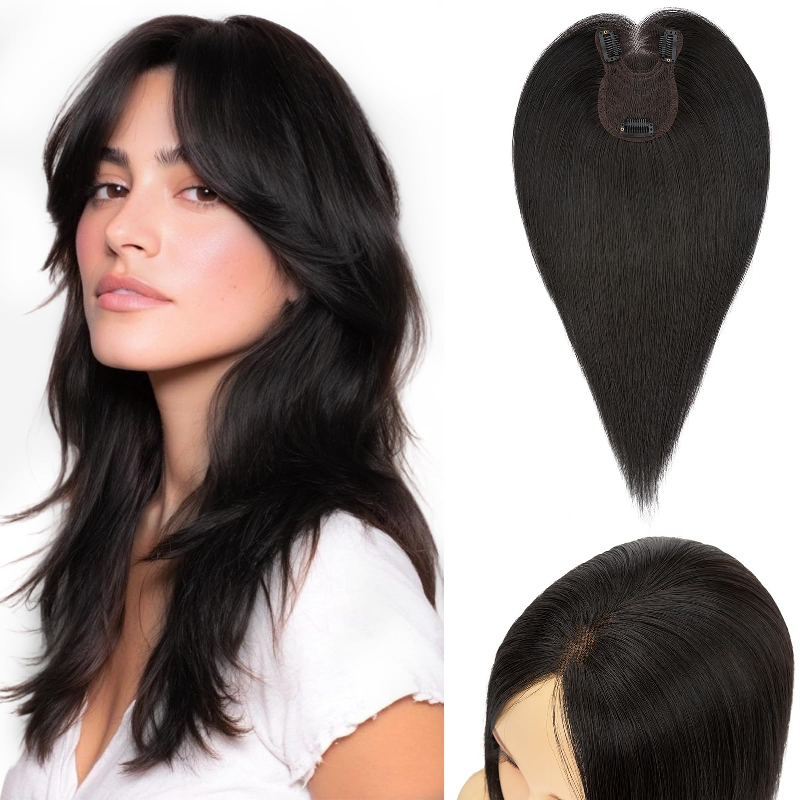 S-noilite Cheveux Topper avec Frange, 35g Sans Frange Cheveux Naturels Topper, Clip in Chevelure Humains pour Femmes, 3 Clips Invisible Chevelure Humains avec Base en Dentelle, 30CM Noir Naturel #1B