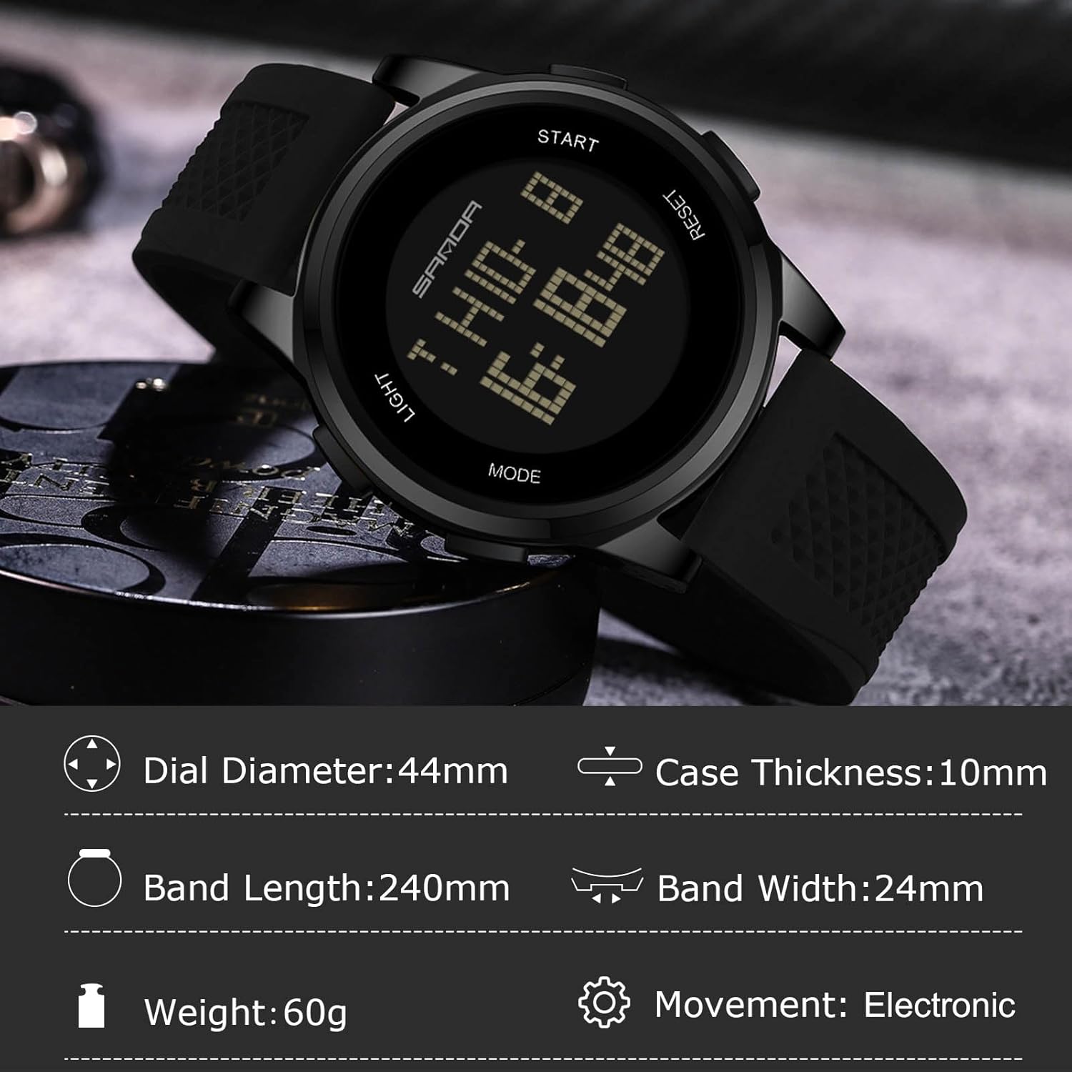 Watch with detailed dimensions and weight