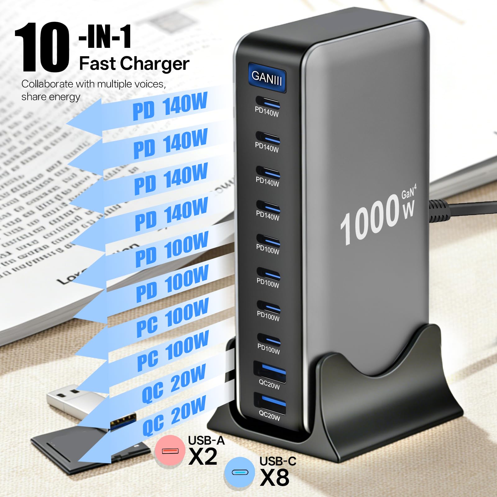 1000W Cargador USB C, Cargador Multiple con 10 Puertos (140 W, 100 W), GAN Tech Carga Rápida Adaptador Cargador USB para MacBook, iPad, iPhone (Series 16/15/14), Galaxy S22/S20 y DELL