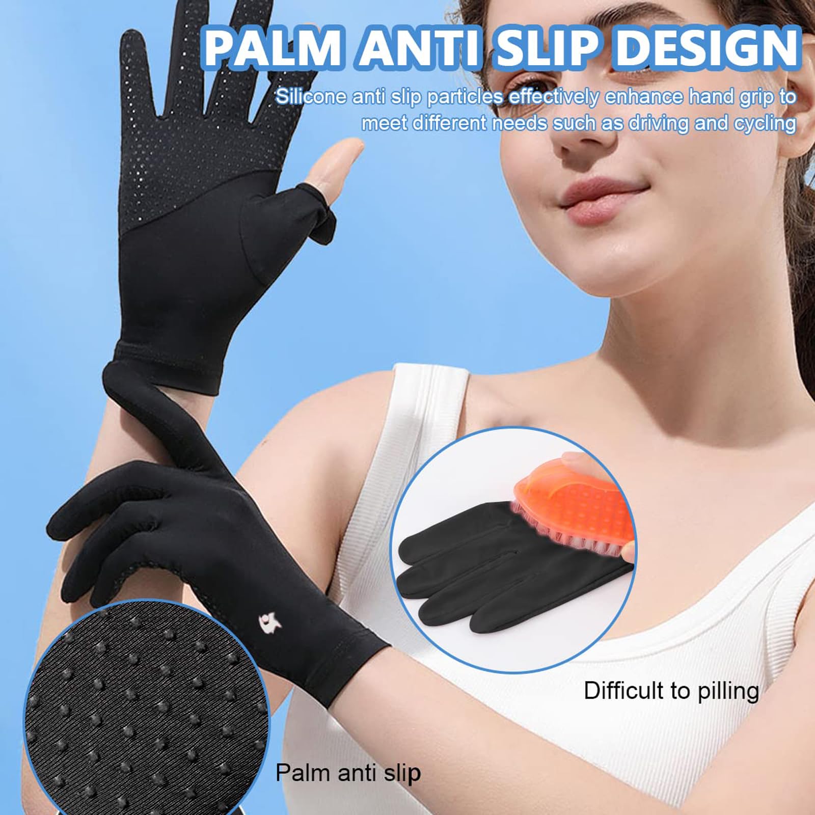 Massmot Sun Protection Gloves for Women, Non-Slip Touch Screen Sun Gloves, Breathable Silk Cooling Gloves, Outdoor Full Finger Gloves for Cycling Driving Fishing, Breathable and Lightweight (Black) 1