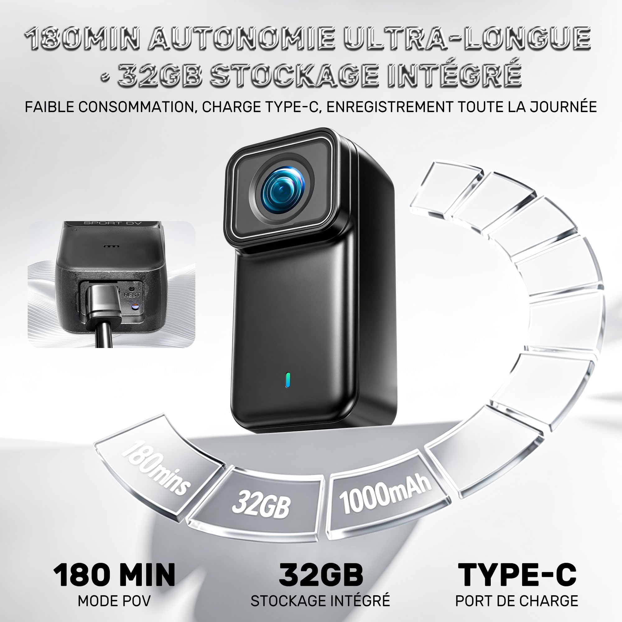 JAXION 2026 Version Caméra Sport 4K 30FPS, 32Go Caméra Corporelle POV Pro, Mini Camera d'action, Camera Portable avec Clip magnétique, Cam de Vlogging pour Vélo, Ski, Plongée,Conférences et Promenades