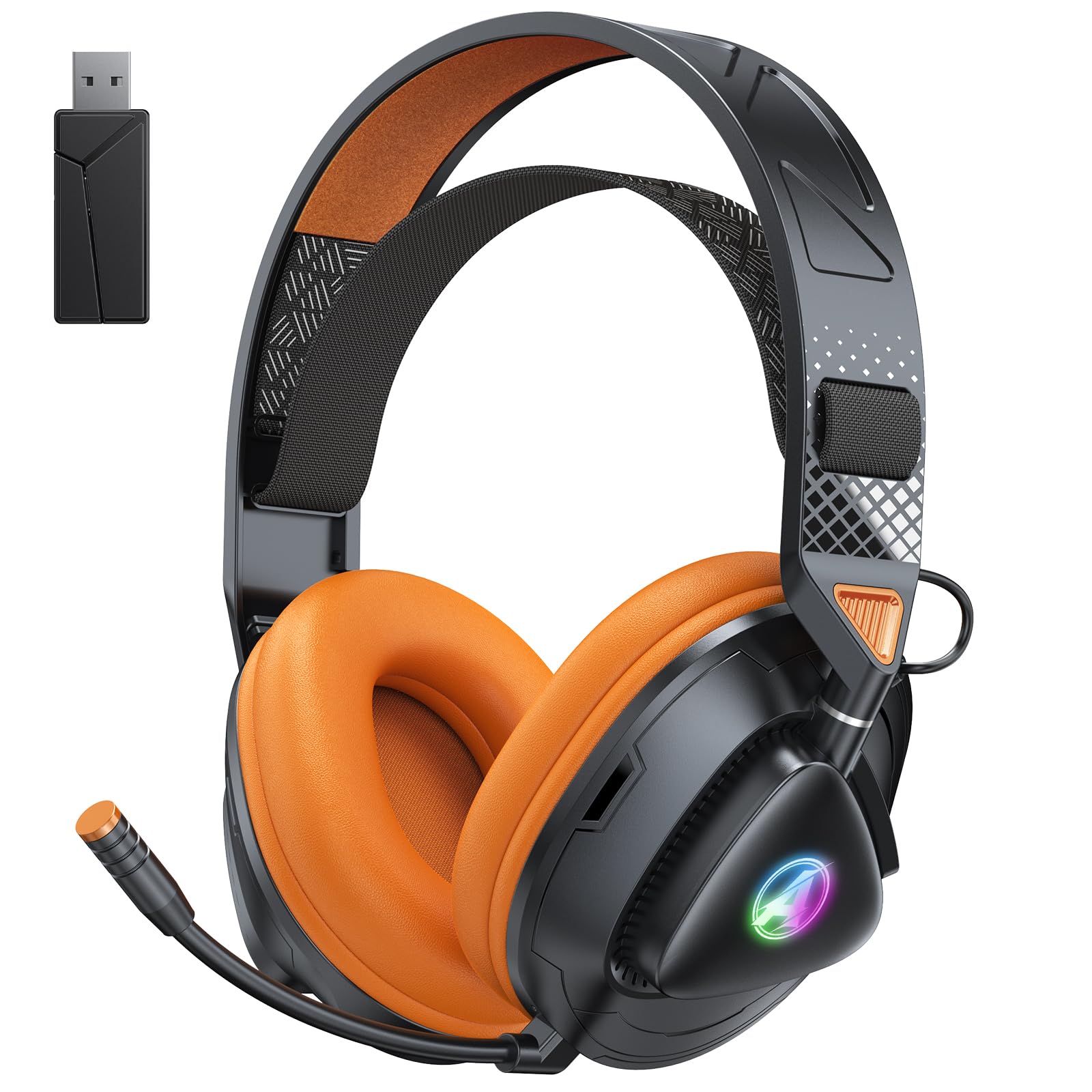 Awinnasey PH3 Kabelloses Gaming Headset für PS5, PS4, PC,Bluetooth-Kopfhörer mit 50 Stunden Akku, Gaming-Headset mit Mikrofon mit Geräuschunterdrückung,RGB Licht, Hellorange