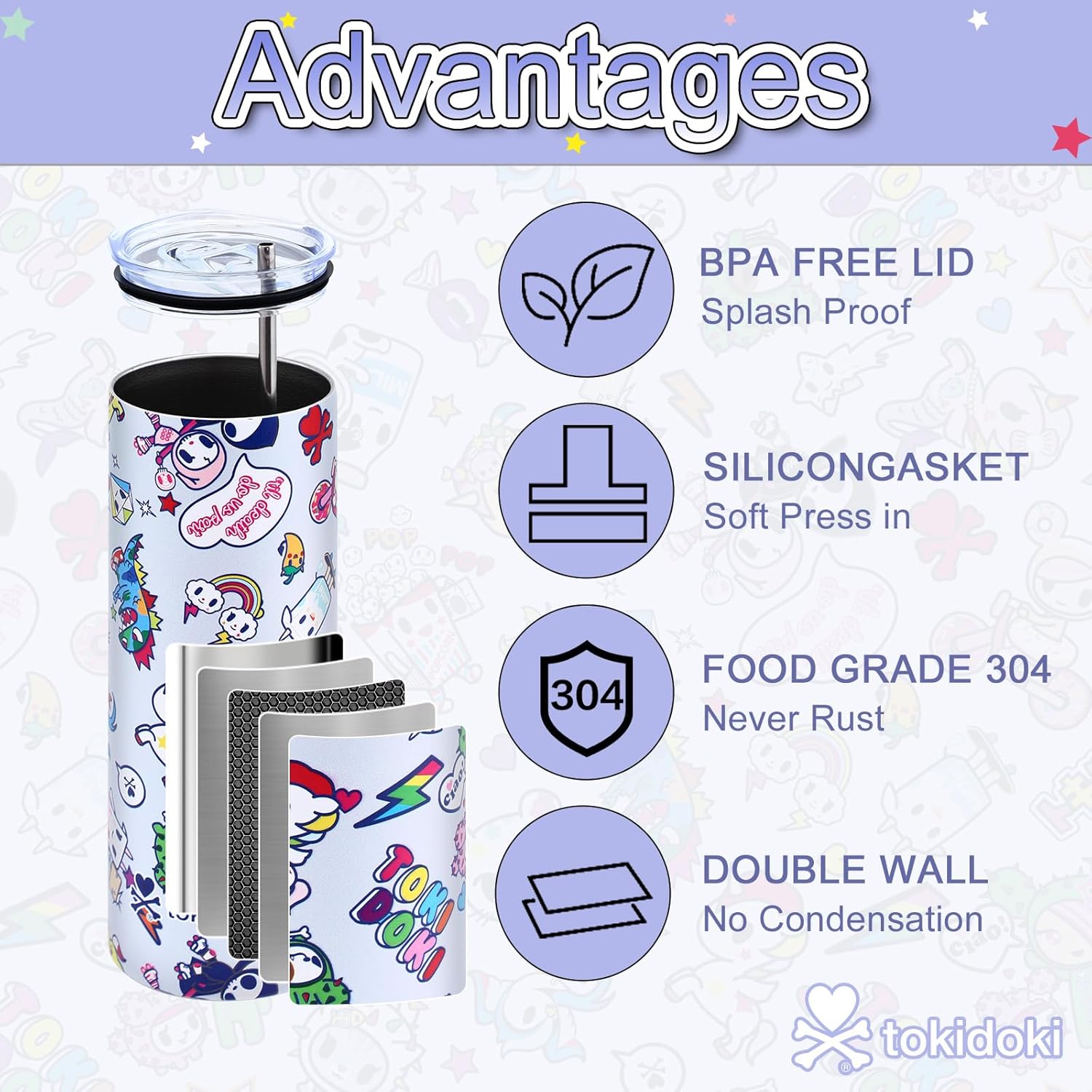 Tokidoki Official Insulated Tumblers, 20oz Bottle Insulated Stainless Steel Water Bottle with Straw Vacuum Sealed Tumbler, Thermal Cup for Hot & Cold Drinks, Cute Unicorno Design - Image 2