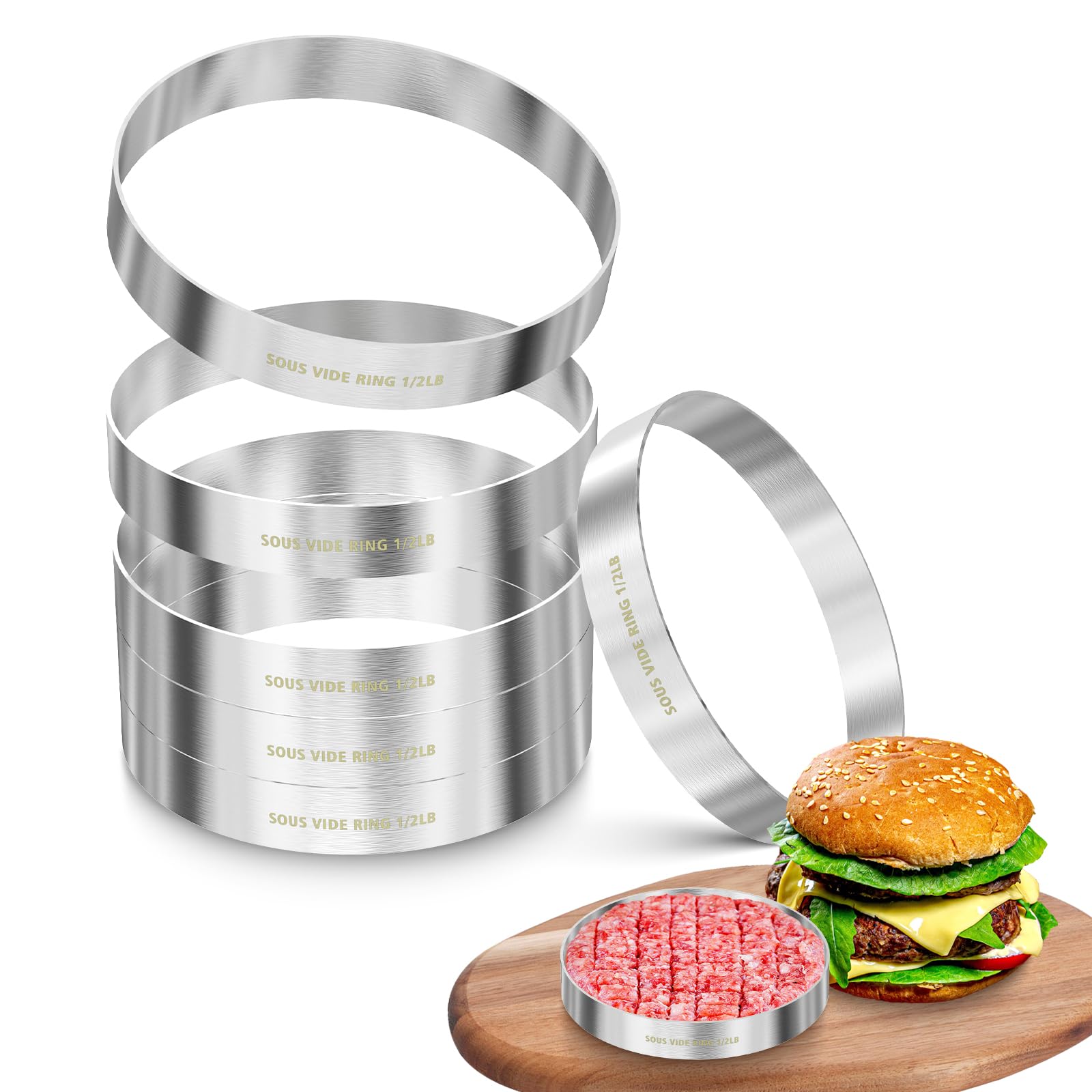 Sous Vide Hamburger Patties Cooking Rings for Immersion Circulator, Make 1/2 LB Hamburgers, Set of 6, Made of Food Grade 304 Stainless Steel, Sous Vide Accessories, Ring Molds for Cooking