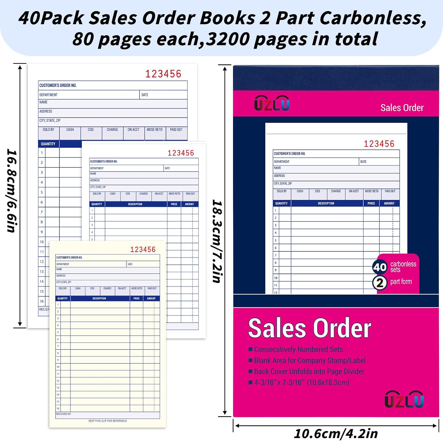 40 Pack Sales Order Book Bulk, 2-Part Carbonless Receipt Form Invoice, White/Yellow, 4-3/16 x7-3/16 Inches,General Purpose Sales Book for Small Businesses and Service Providers, 40 Sets per Book
