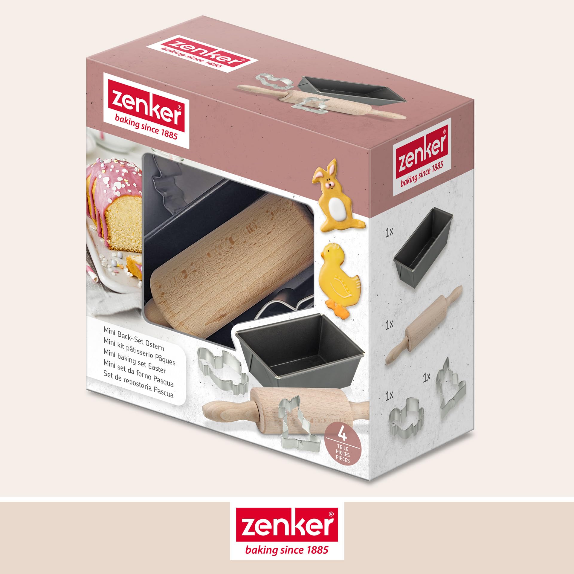 Zenker Mini Backset Ostern 4er-Set – Ideal für Kreative Osterbäckerei – Kleine Teigrolle, Kastenform klein & Zwei Ausstecher mit Ostermotiven – Kinder Backutensilien Backzubehör