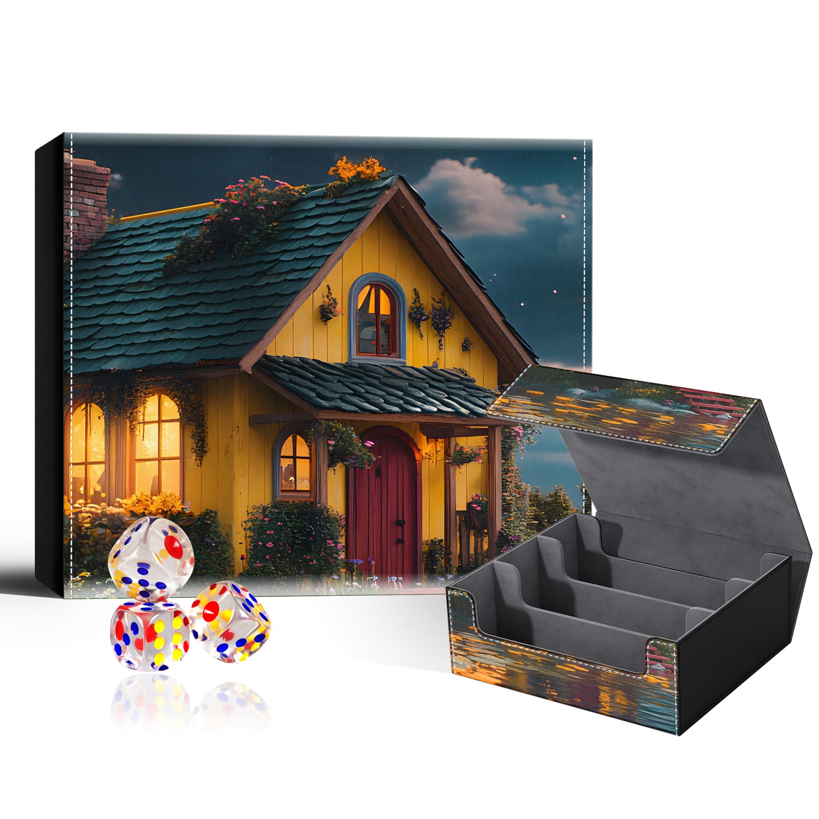 VOGDMKJG Trading Card Deck Box Fit 1800+ Single Sleeved Cards,PU Leather Magnetic Closure Card Storage Box With 3 Dice For MTG/TCG/PTCG/Magic/Sport Card Storage Case Large 3 ROW Design Flower House