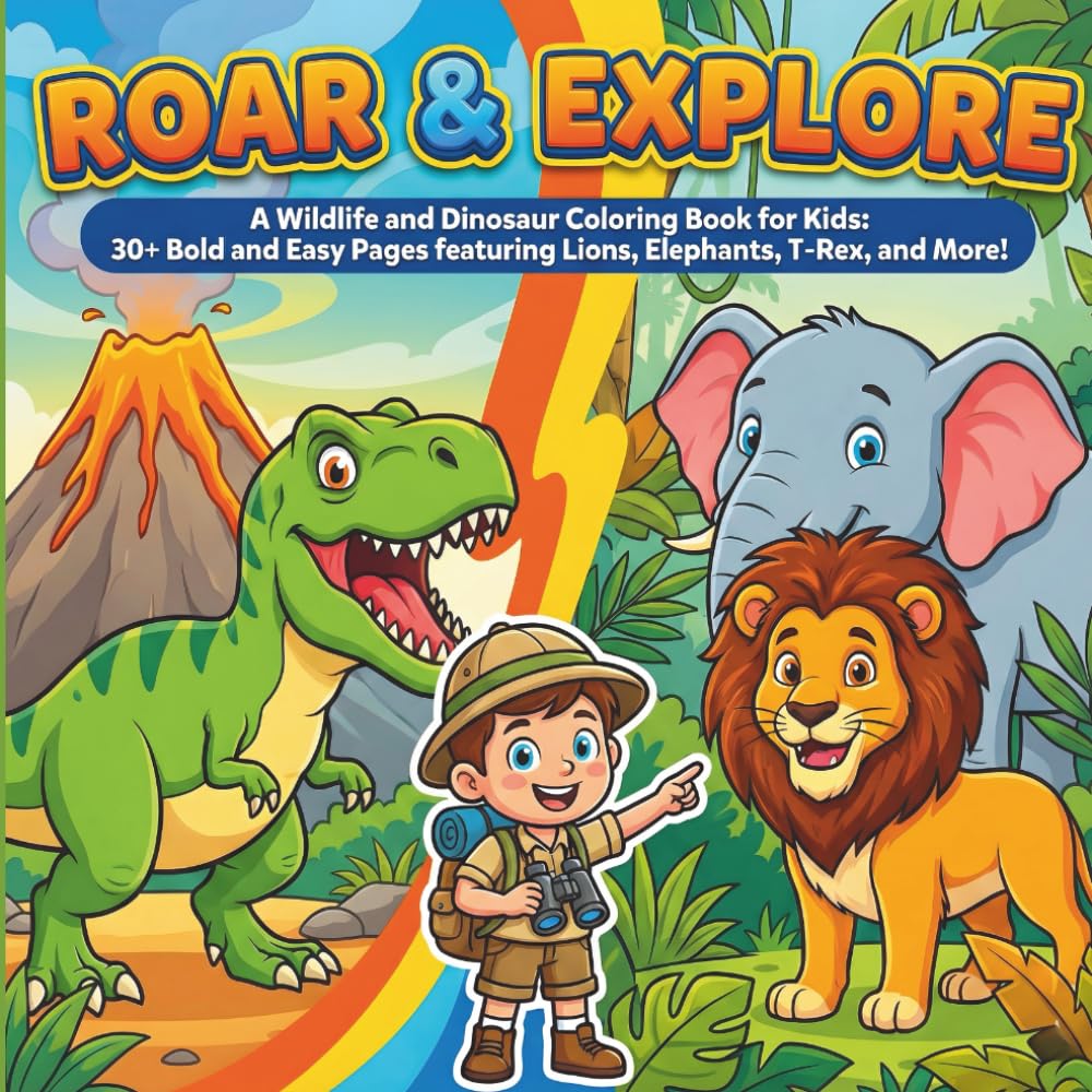 Roar and Explore coloring book: Wildlife and dinosaurs coloring book