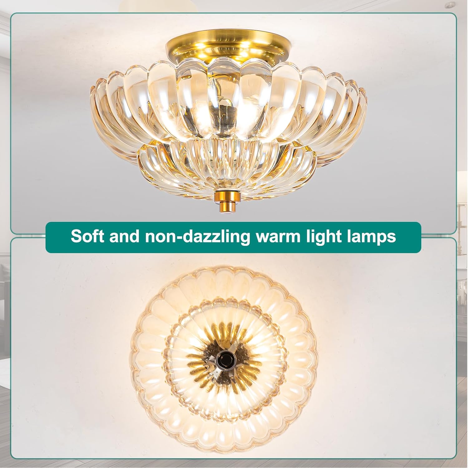 Modern Semi Flush Mount Ceiling Light, Amber Glass Hallway Ceiling Light Fixture, E26 Vintage Gold Close to Ceiling Light Fixture for Kitchen, Living Room, Porch, Entryway