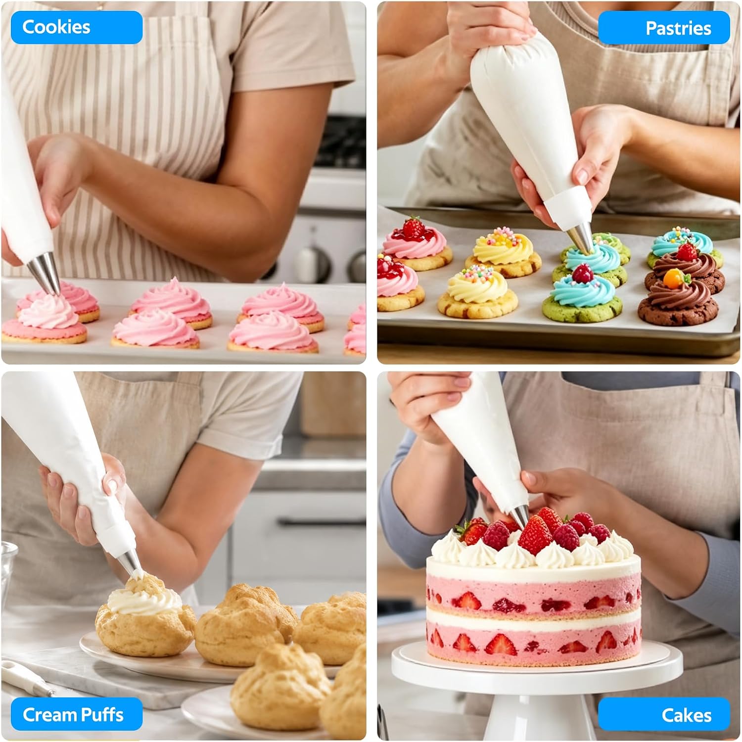 Reusable Piping Bags and Tips Set, 9 Piece Frosting Piping Kit with 304 Stainless Steel Tips, Thick Cotton Piping Bag, Coupler and Cleaning Brush for Cakes, Cupcakes and Cookies Decorating