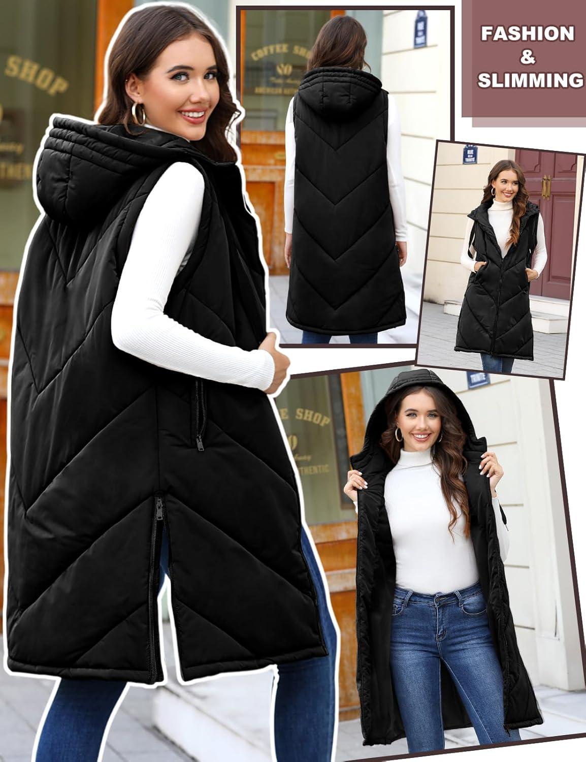HEEKPEK Womens Puffer Vest Sleeveless Hooded Long Puffy Vests Zip Up Quilted Thick Winter Jackets Outerwear with Pockets - Image 2