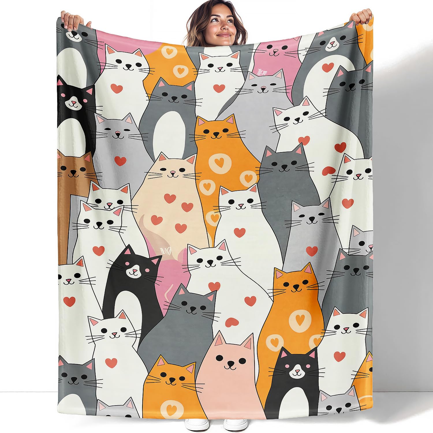 YISUMEI Kuscheldecke mit Cartoon Katzen mit Herzen, Super weiches Fleece, Überwurfdecke für Bettwäsche Couch Sofa, Schlafzimmer Wohnzimmer, Dekoration Decke, 150x200cm