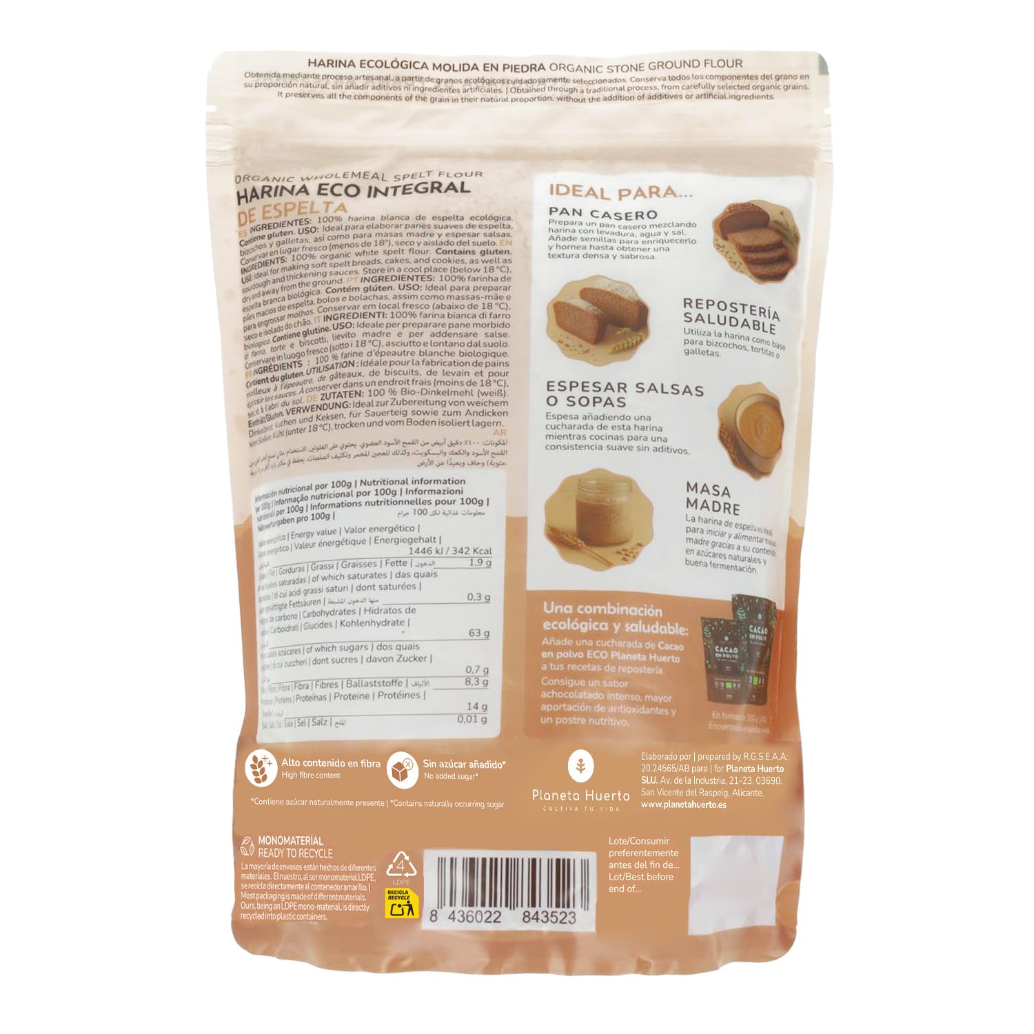 Harina Integral de Espelta Eco 800 g – Ecológica, Rica en Fibra y Nutrientes