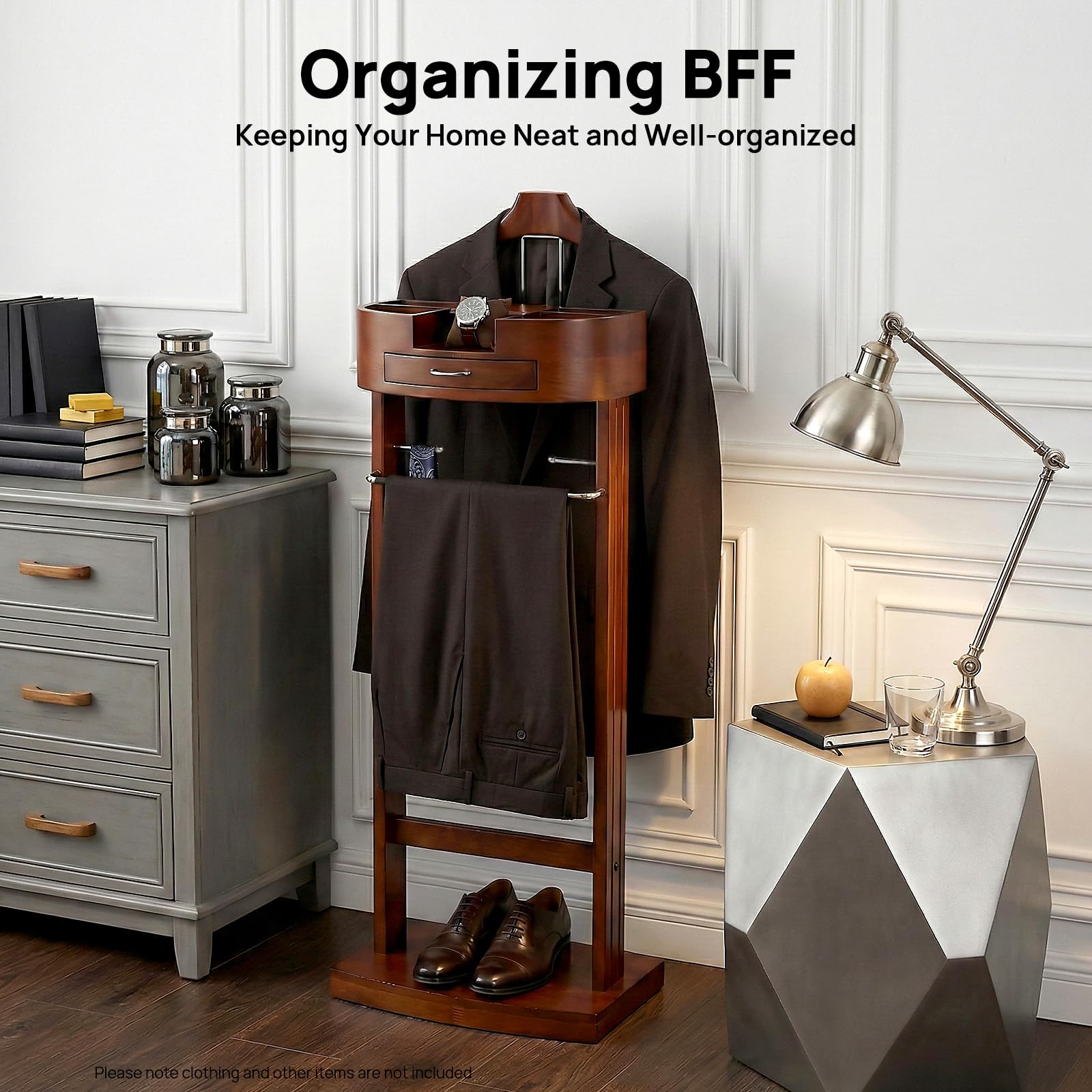 Valet de chambre à coucher en bois avec étagère et compartiment pour téléphone portable, porte-vêtements avec cintre à pantalon et étagère à chaussures, peu encombrant avec poignée, chambre à
