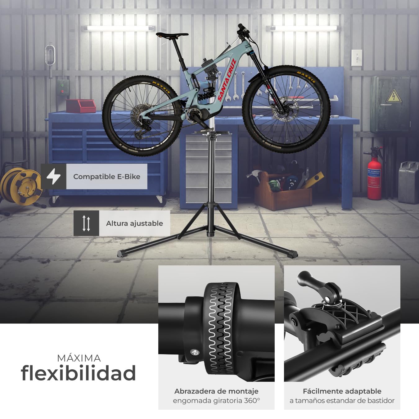 tectake® Soporte Bicicleta Taller, Bandeja Magnética Giratoria, Caballete Bicicleta Plegable, Herramientas Bicicleta Eléctrica Montaña o Carretera, Soporte Taller Bicicleta Ajustable, Carga Max 50 kg