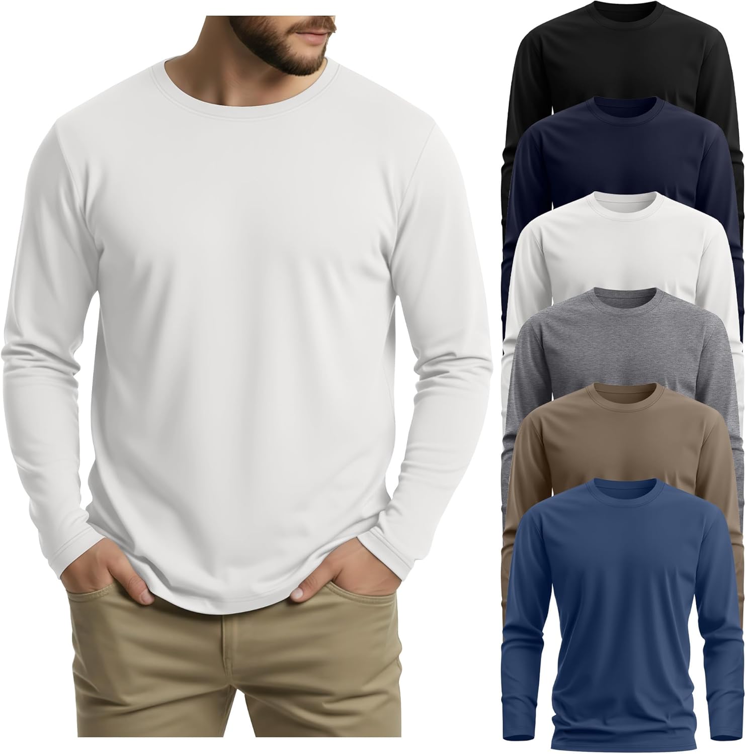 6 Pack Mens Big and Tall Shirts, 95% Cotton Plus Size Long Sleeve Tops Crewneck Casual Basic Multipack Tee