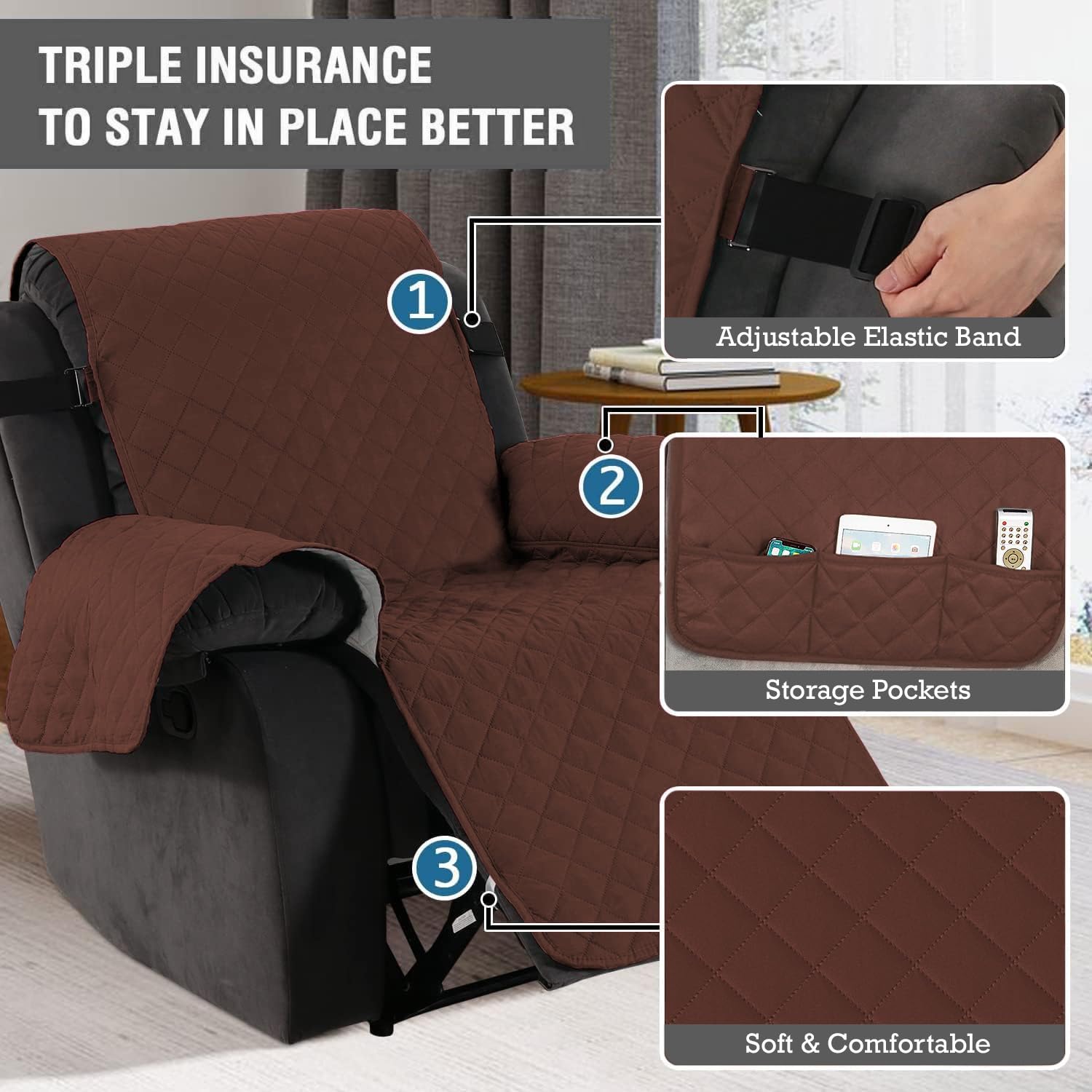 HOKIPO Polyester Quilted Recliner Chair Cover for 1 Seater with Side Pockets, Dark Brown (AR-4758-DBR) 4