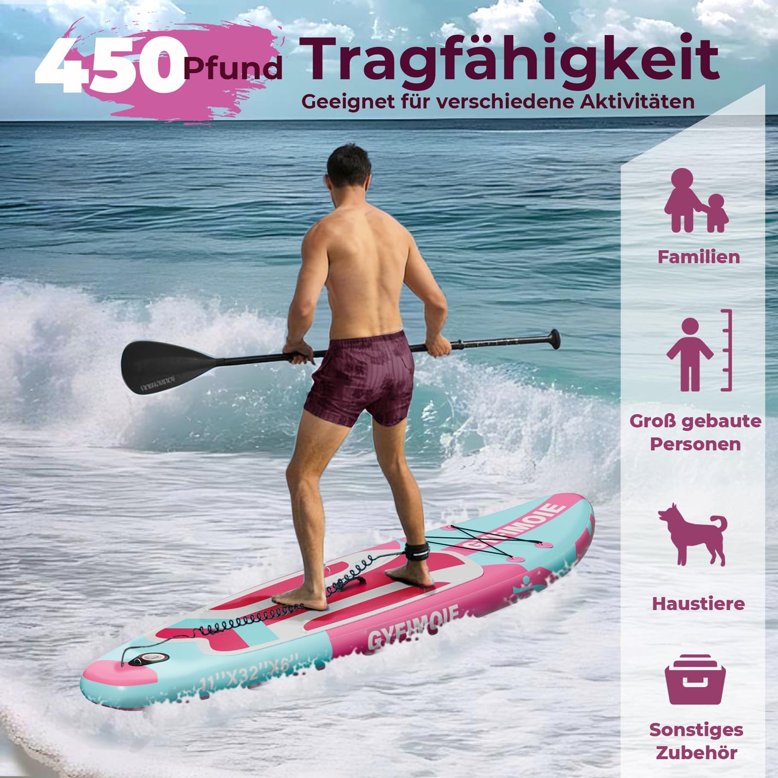 Gyfimoie Tavola da SUP gonfiabile di alta qualità, 325 cm, con supporto universale per fotocamera, accessori completi, pagaia regolabile, per principianti ed esperti