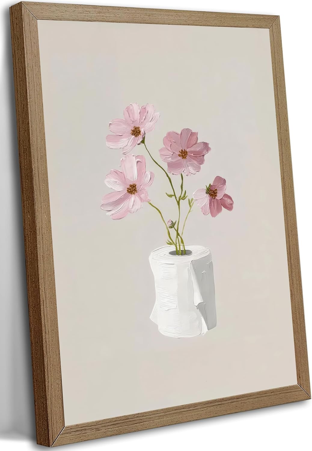 Framed Funny Pink Floral Bathroom Canvas Wall Art Painting Minimalism Toilet Paper Flower Pictures Wall Decor Pink Preppy Girls Posters Print Artwork for Girly Bathroom Home Decoration