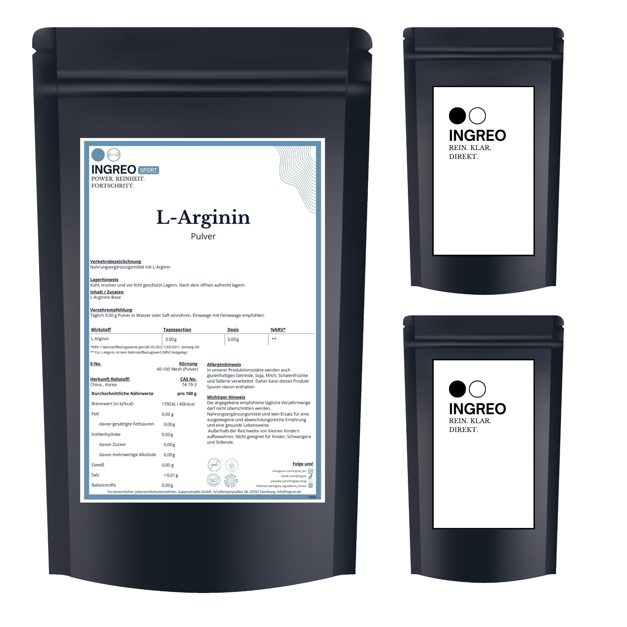 L-Arginin Base Pulver (40–100 Mesh) – 100% rein ohne Zusätze | Aminosäure für Training, Durchblutung & Fitness | Abgefüllt in Hamburg nach HACCP-Standard (3kg (3x1kg))