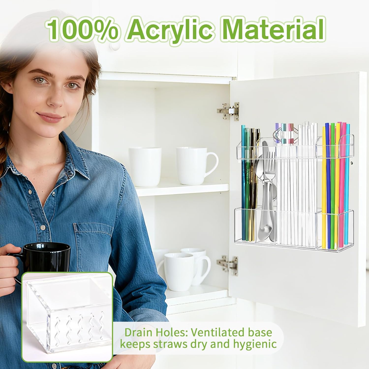 9.5'' Thickened Large Acrylic Straw Holder for Cabinet Door, Reusable Tumbler Straw Organizer Storage, Straw Storage Dispenser with Ultra Sticky Adhesive, Adjustable Two-Part Straws Organizer