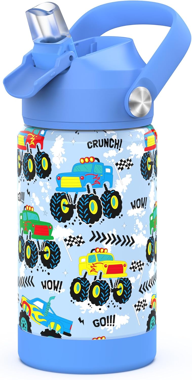 Ntswasd Monster Truck Boys Insulated Water Bottle with Straw,12 oz Kids Cups with Stainless Steel Leak Proof for School Daycare