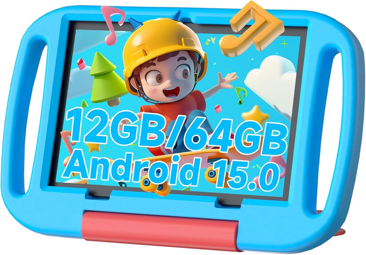 Android 15 Kids Tablet 10.1", 12GB RAM 64GB ROM, 2.0GHz Processor, 6000mAh Battery, Dual 2MP+8MP Camera, Shockproof EVA Silicone Case, Toddler Educational Learning Tablet PC (Blue)