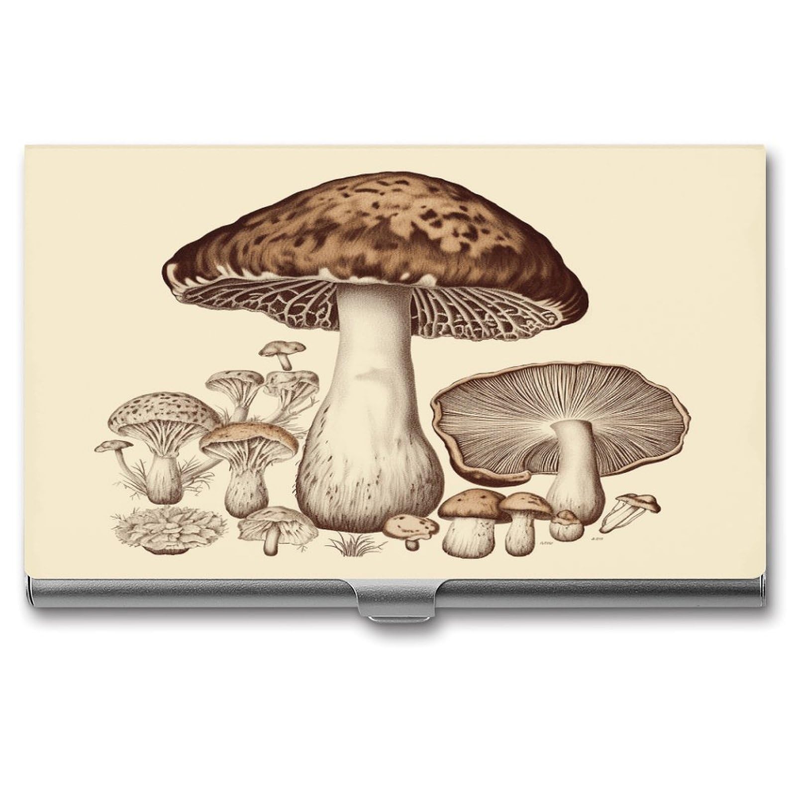Ldgsuph Men's Style Vintage Mushrooms Drawing Business Card Holder Fashion Slim Name Card Holder Minimalist Design Case Metal Card Carrier Personalized Business Card Case With Flip For Wo