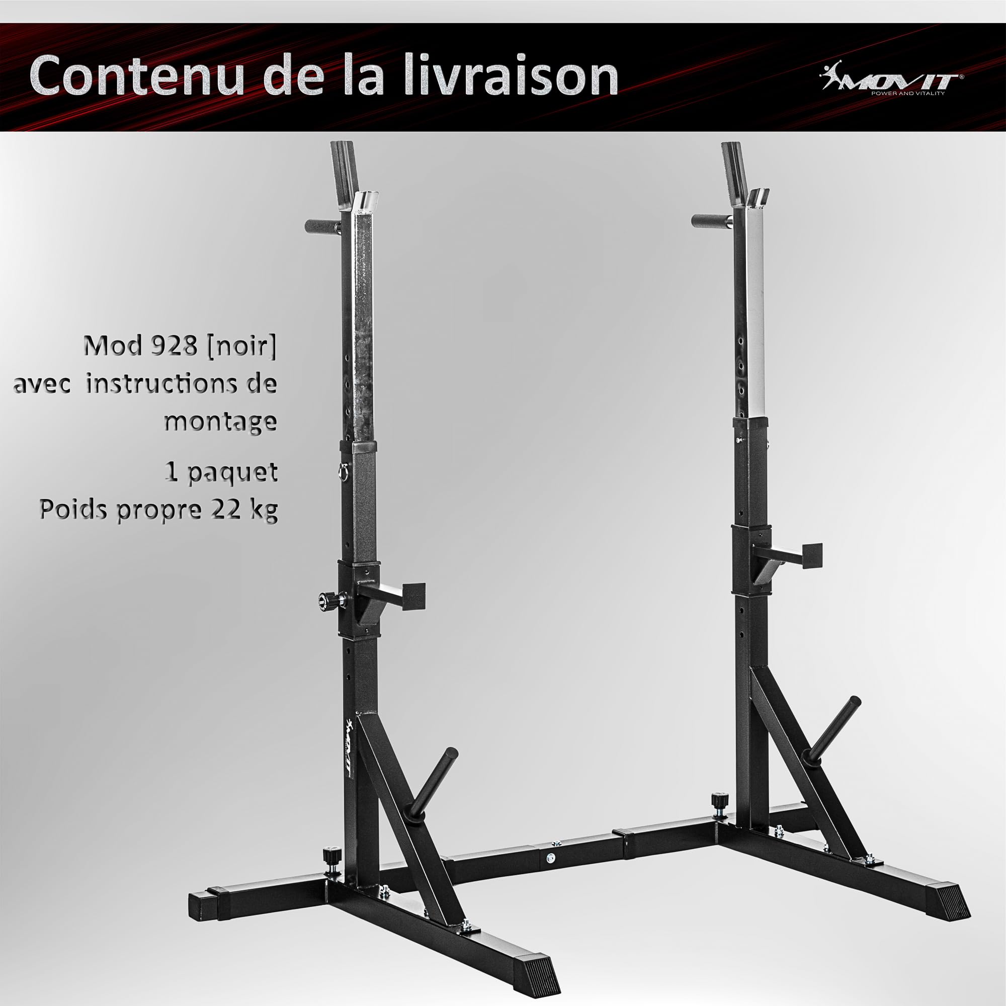 MOVIT Squat Rack Basic avec Station Dip, Hauteur et Largeur réglables, Support pour haltères Support pour haltères Appareil d'entraînement à Domicile Home-Gym, Blanc ou Noir