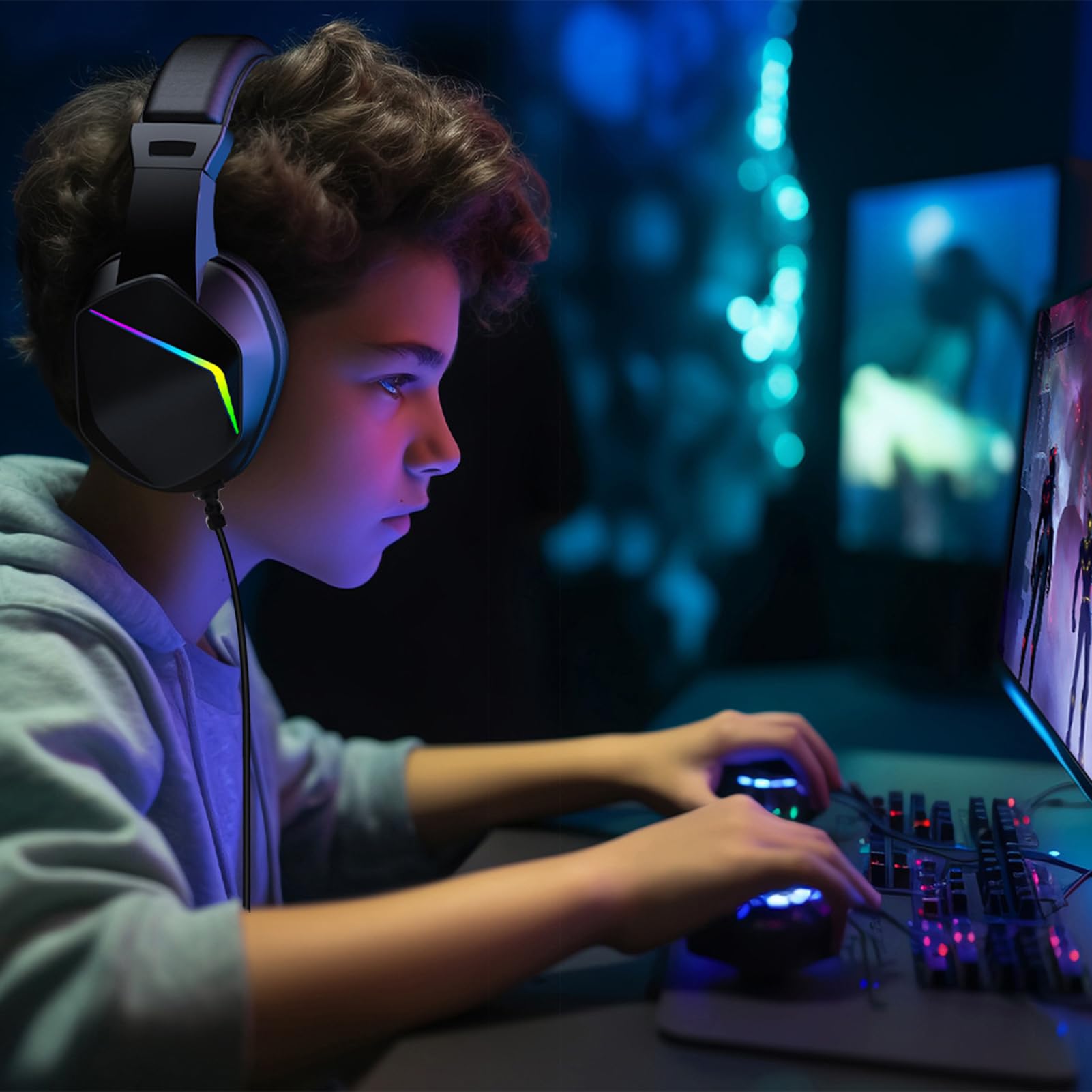 XUMIUZIY Cuffie da Gioco Cablate per PC, Cuffie Auricolari con Cancellazione del Rumore con Microfono, Luce LED, Audio Surround 7.1, Cuscinetti Auricolari in Memory Foam, Driver da 40 (USB)