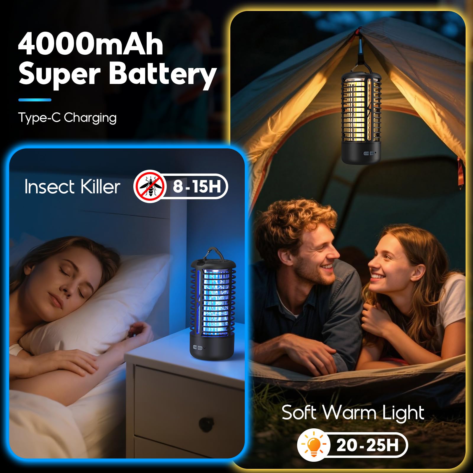 Lampada Antizanzare Elettrica, Anti Zanzare 3000V UV, Anti Mosche LED Sospendibile, IPX4 Impermeabile Insektenvernichter da Interno ed Esterno, Lampada Zanzare con Gancio (Nero)