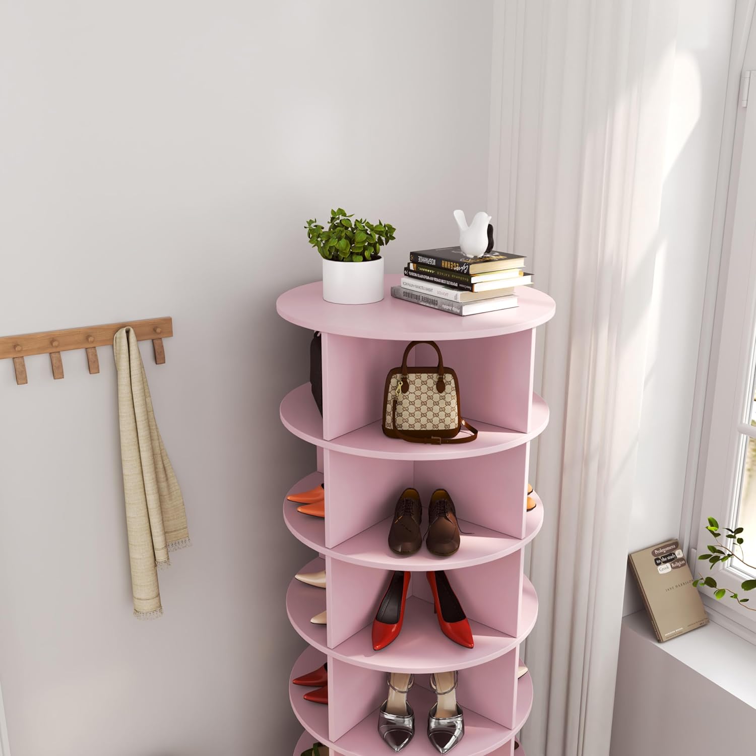 Rotating Shoe Rack, 6-Tiers Storage Shoe Rack Tower, Free Standing 360°Shoe Storage Organizer for Entryway Living Room Hallway (Pink, 6-Tiers)