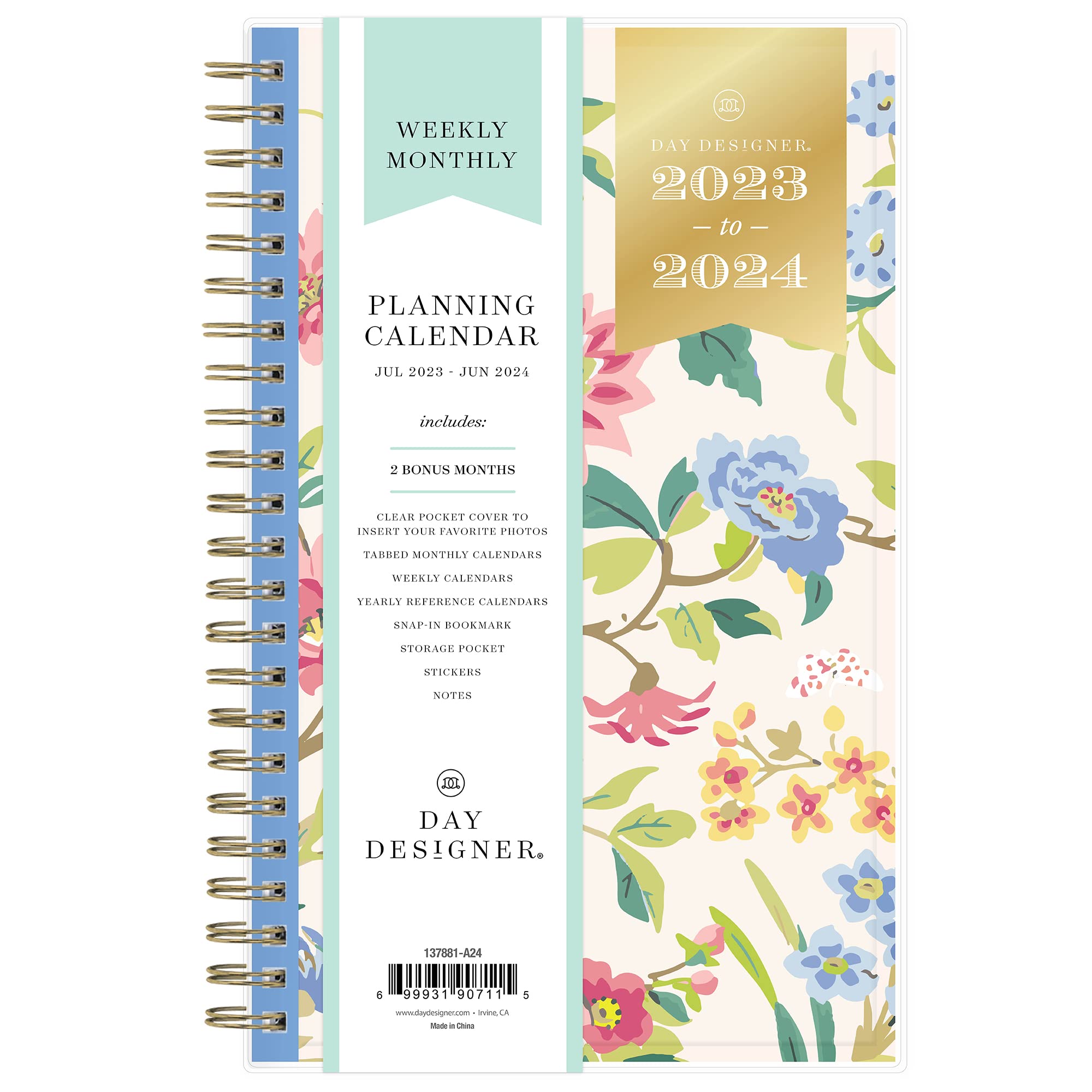 Blue Sky Day Designer for 2023-2024 Academic Year Weekly and Monthly Planner, 5' x 8', Flexible Cover, Wirebound, Climbing Floral Blush (137881-A24)