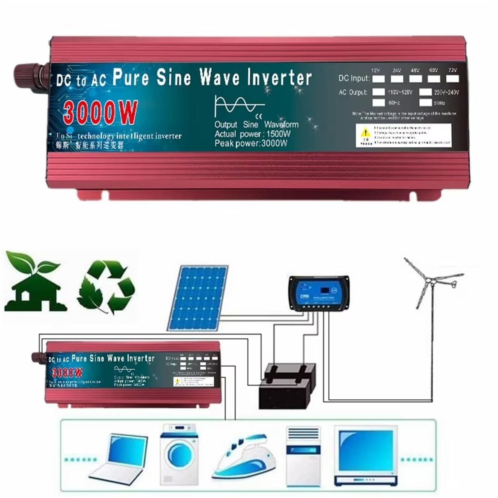 Falownik solarny, falownik sinusoidalny, przetwornica DC 12 V/24 V na AC 110 V 60 Hz, 1000 W, 1600 W, 2000 W, 3000 W, przenośny powerbank, konwerter, ładowarka samochodowa (1000 W