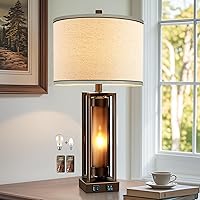 Vista 10 de RORIANO Juego de 2 lámparas de mesa modernas para sala de estar con puertos USB C+A, lámpara rústica de mesita de noche con luz nocturna blanca