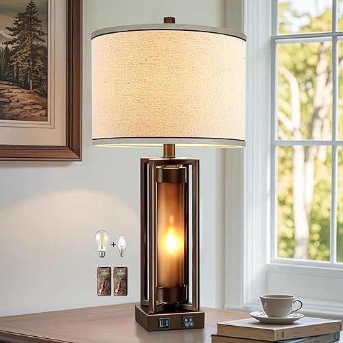 RORIANO Lámparas de mesa rústicas para sala de estar con puertos USB C+A, lámpara de mesita de noche vintage de granja con luz nocturna acrílica