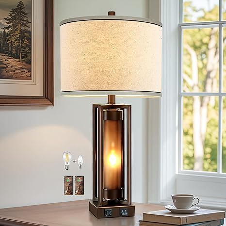 RORIANO Rustic Table Lamps for Living Room with USB C+A Ports, Farmhouse Vintage Nightstand Lamp with Amber Acrylic Night Light, Retro Desk Lamp for Bedroom Entryway Dorm, 2 Bulbs Included (Brown)